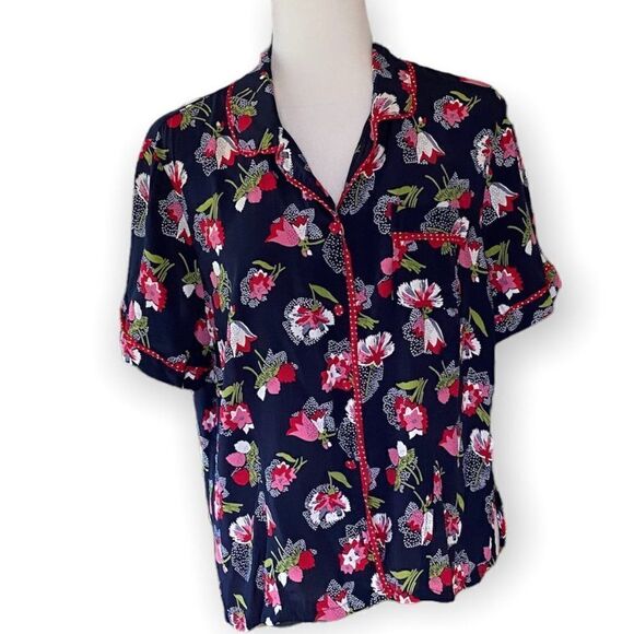 Koret Short Sleeze Blue Floral Pattern Button Front Blouse SZ 14 - Picture 1 of 14